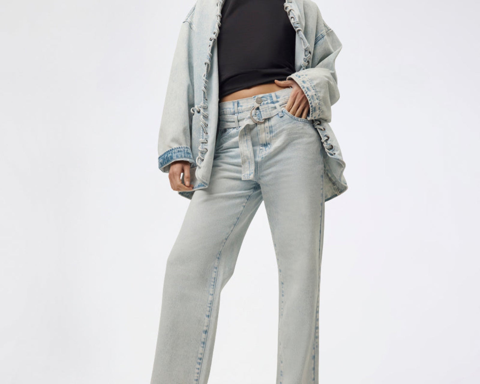 Jackson Belted Mid Waist Wide Leg Denim Jeans - Beach Blue