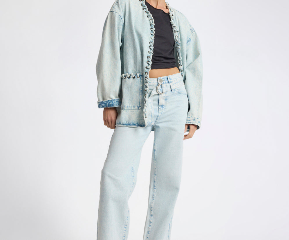 Jackson Belted Mid Waist Wide Leg Denim Jeans - Beach Blue