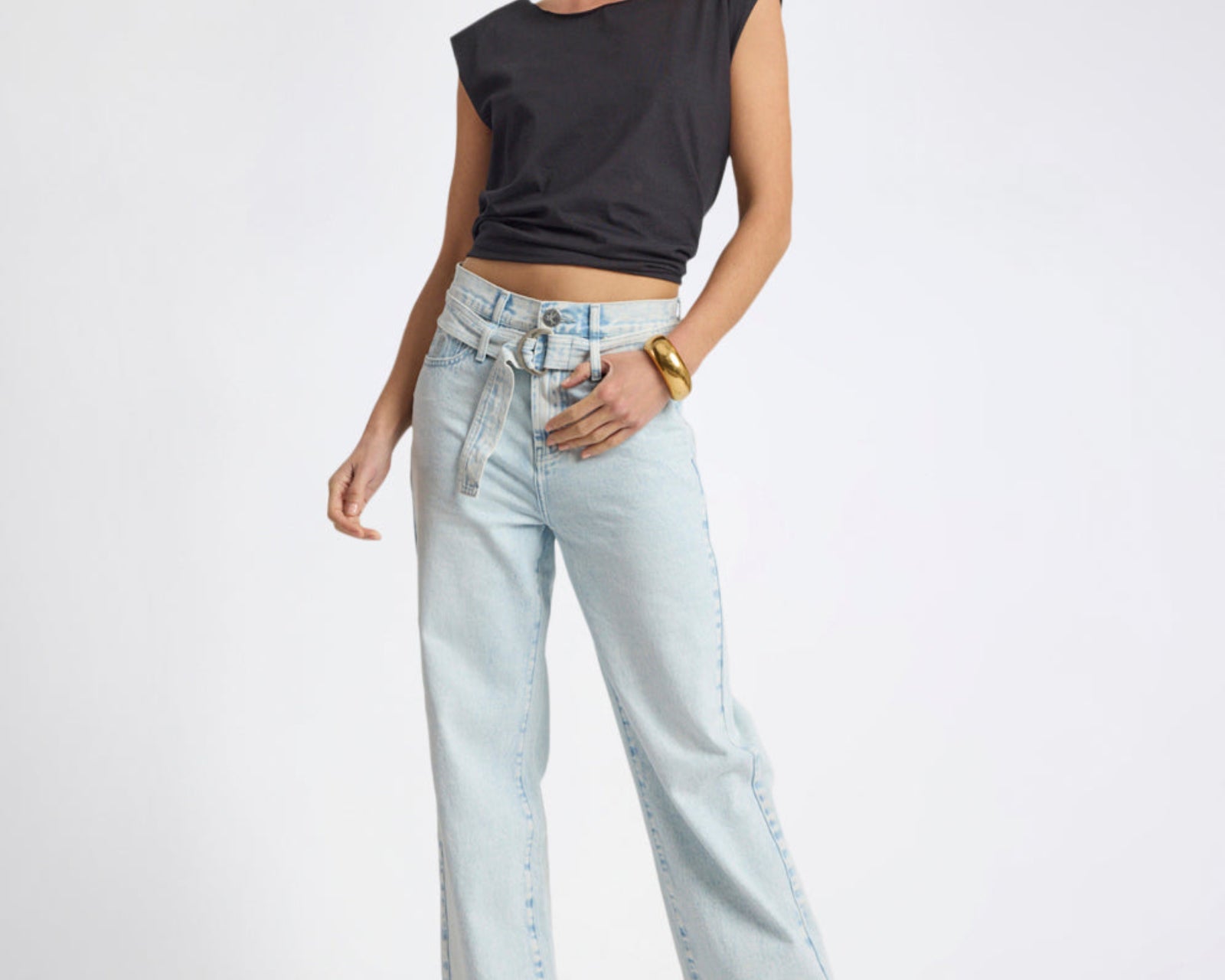 Jackson Belted Mid Waist Wide Leg Denim Jeans - Beach Blue
