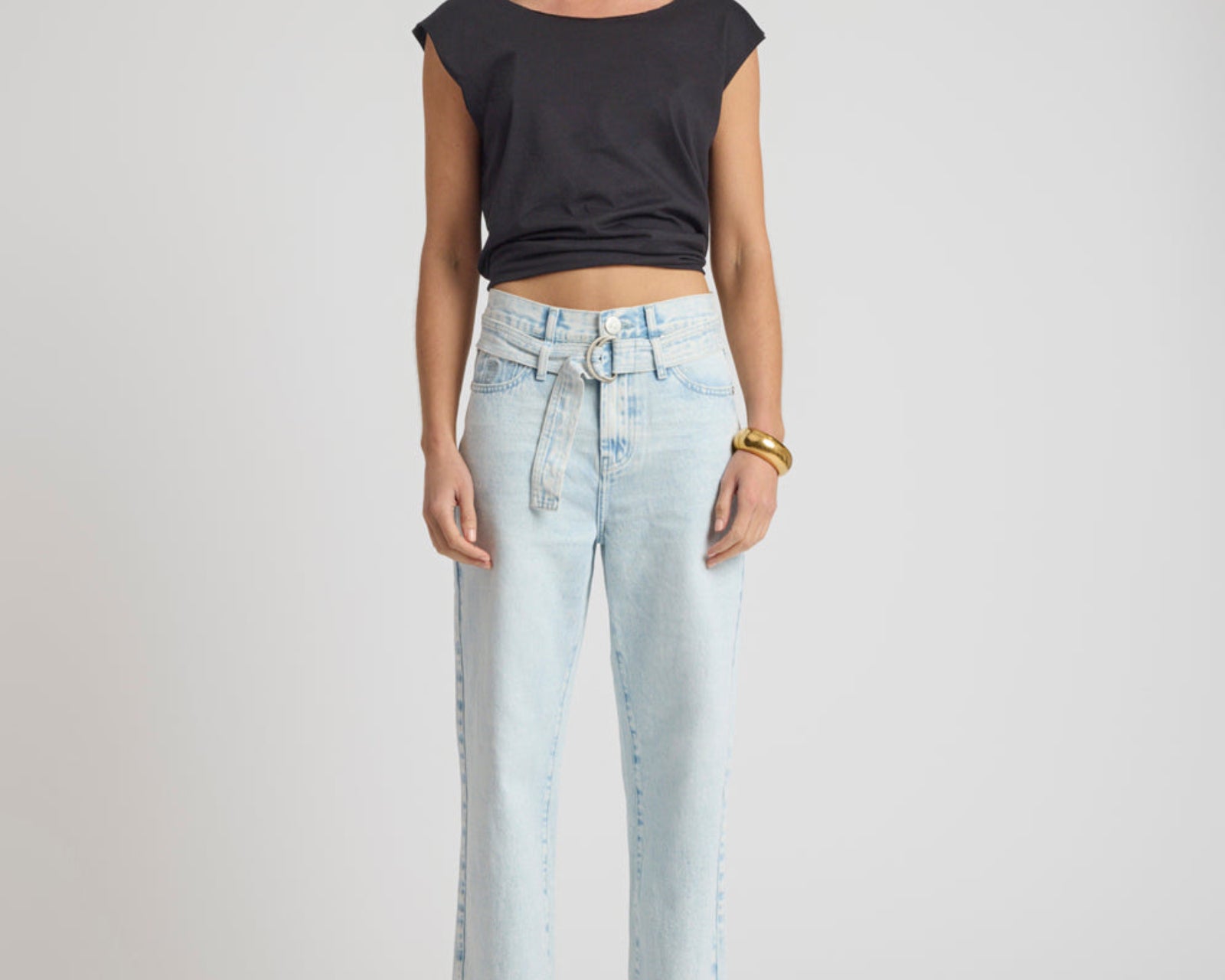 Jackson Belted Mid Waist Wide Leg Denim Jeans - Beach Blue