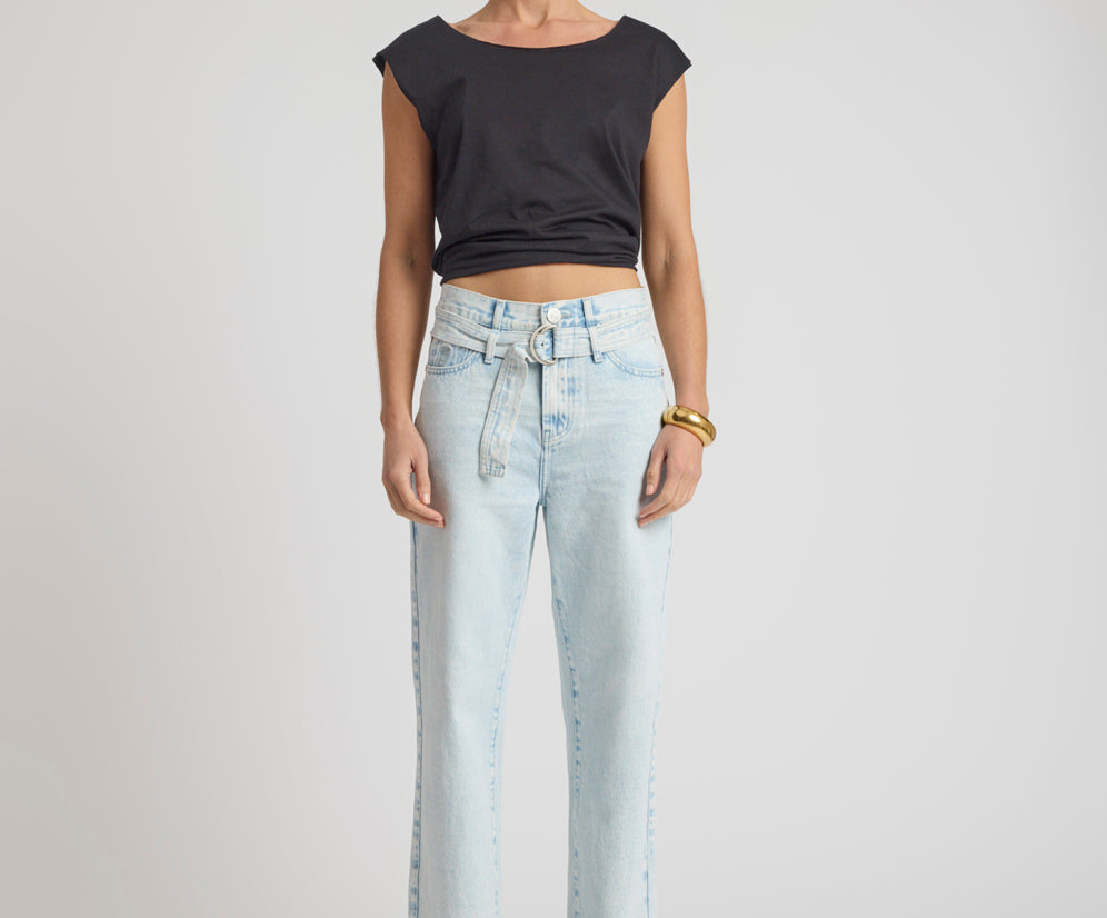 Jackson Belted Mid Waist Wide Leg Denim Jeans - Beach Blue