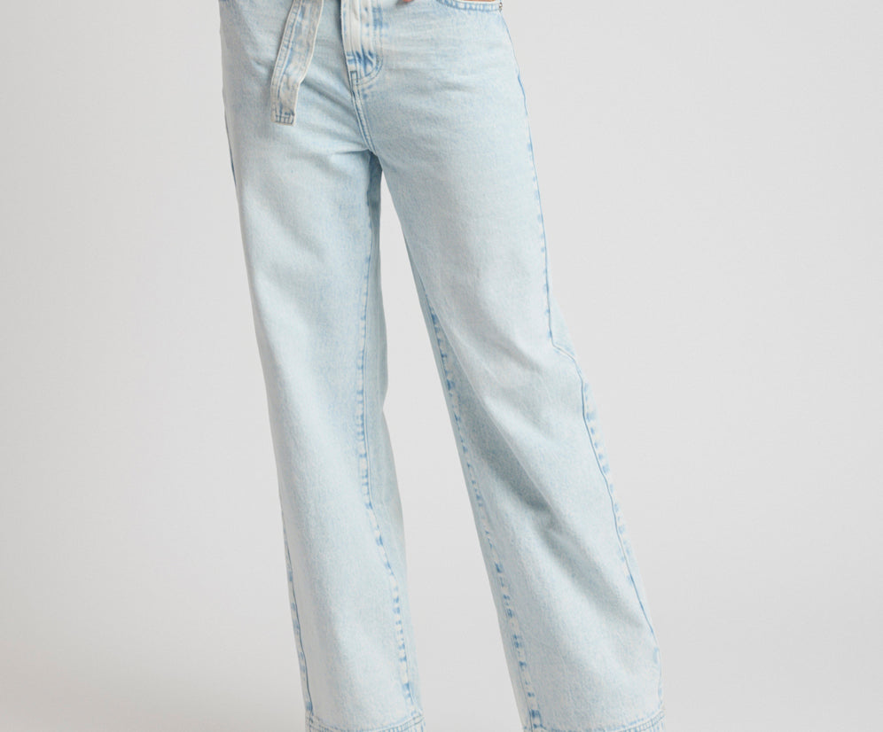 Jackson Belted Mid Waist Wide Leg Denim Jeans - Beach Blue