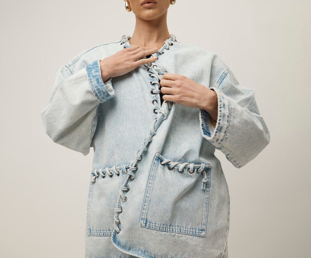 Ringleader Threaded Oversized Denim Jacket - Beach Blue