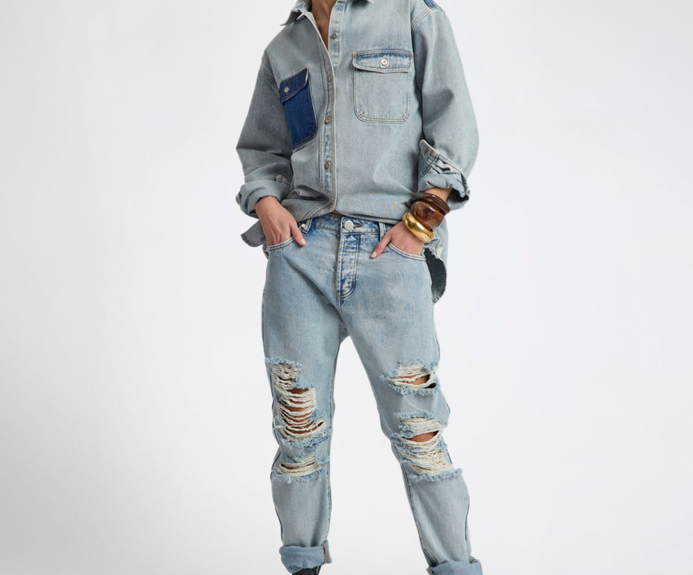 Saints Low Waist Messed Up Boyfriend Denim Jeans - Hendrixe Blue