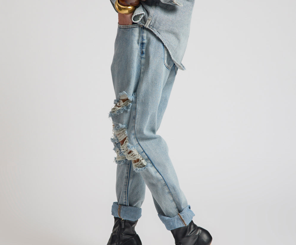 Saints Low Waist Messed Up Boyfriend Denim Jeans - Hendrixe Blue