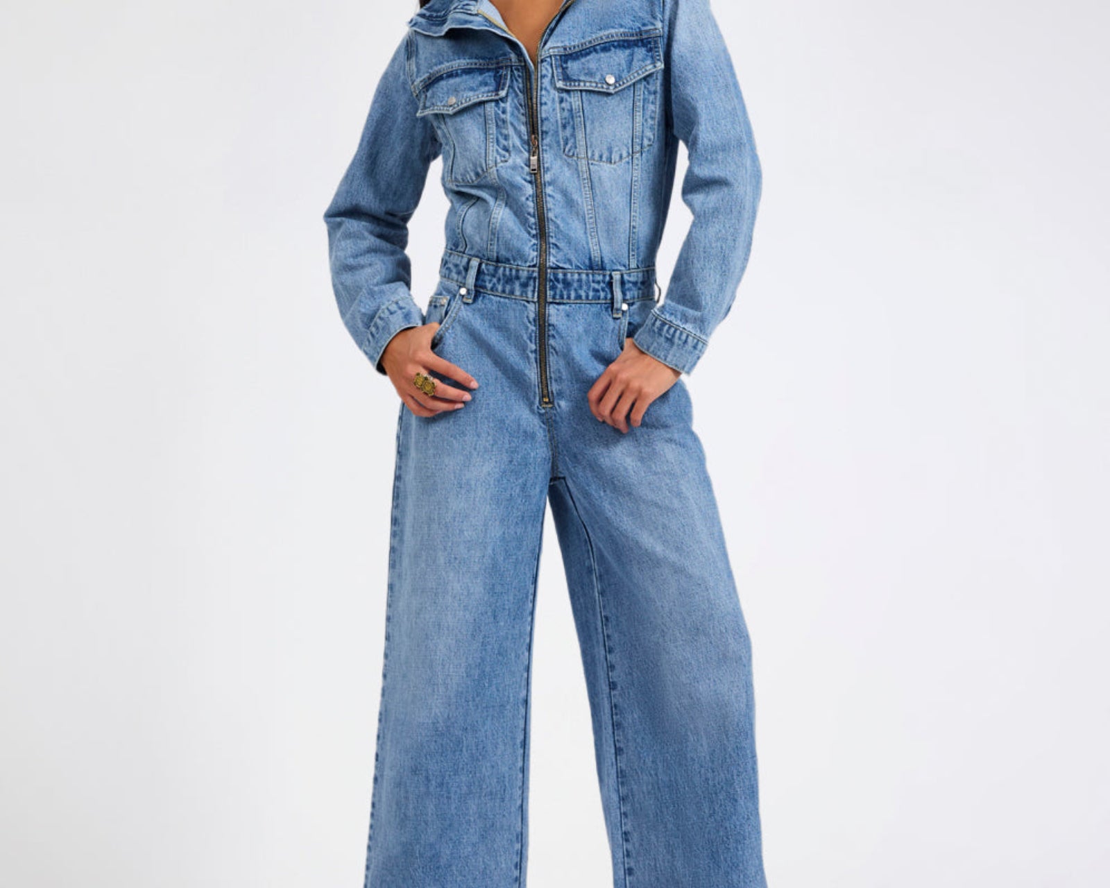 Charli Wide Leg Aviator Denim Jumpsuit - Pretty Blue