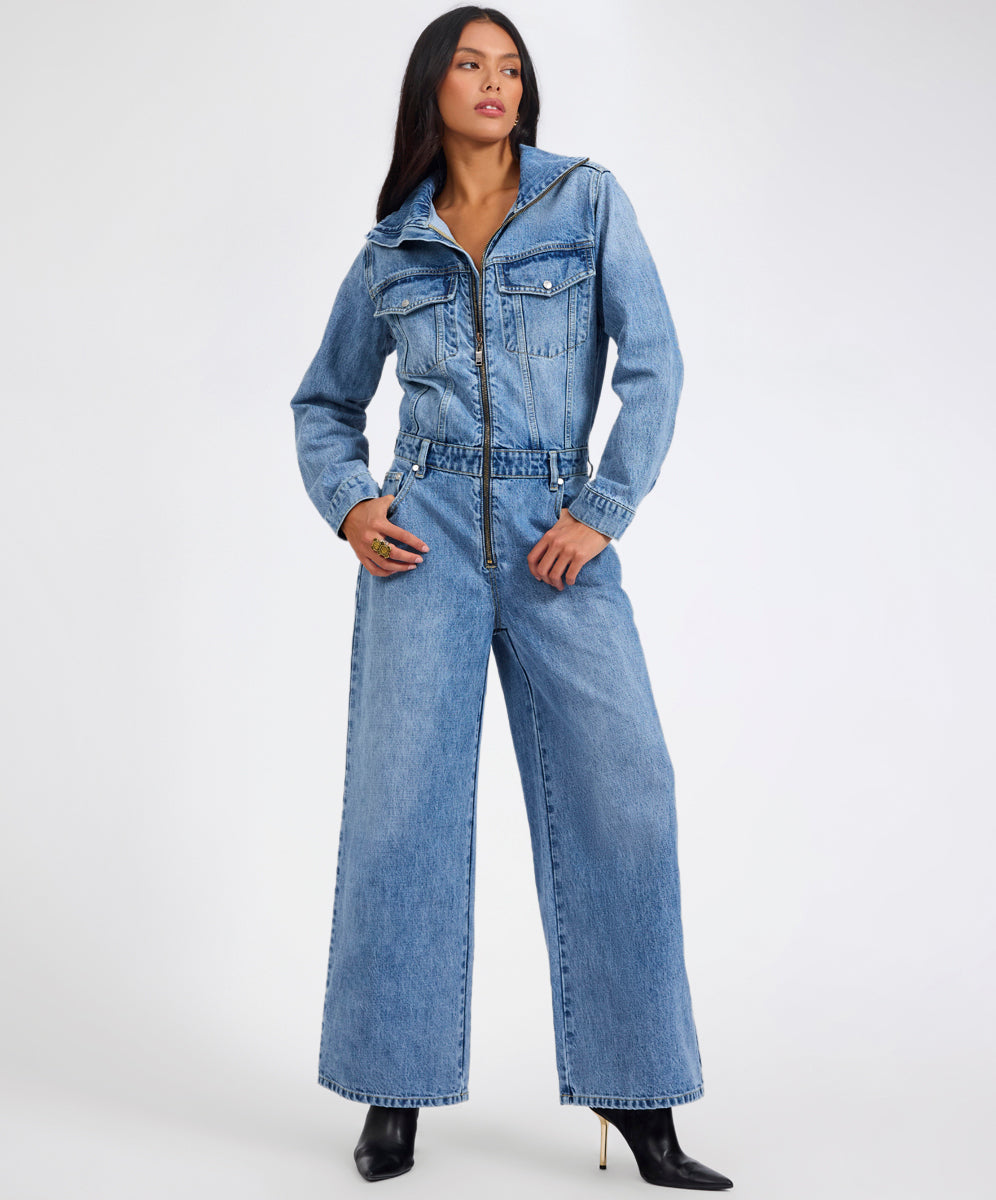Products Charli Wide Leg Aviator Denim Jumpsuit - Pretty Blue