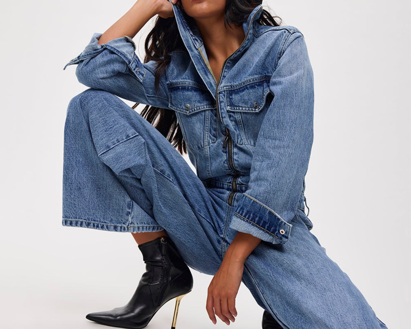 Charli Wide Leg Aviator Denim Jumpsuit - Pretty Blue