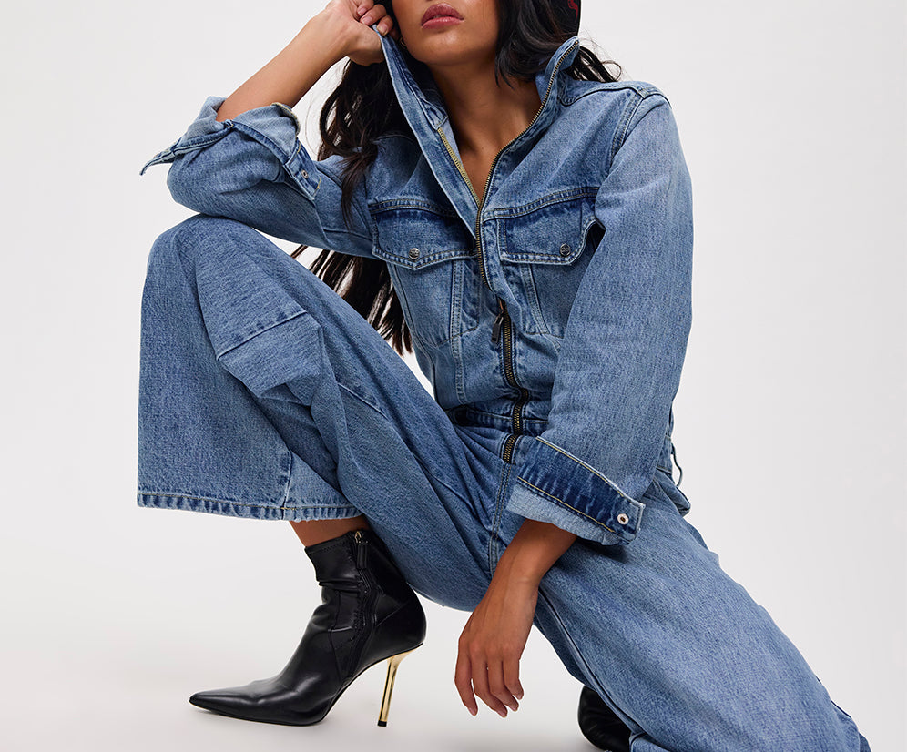 Charli Wide Leg Aviator Denim Jumpsuit - Pretty Blue