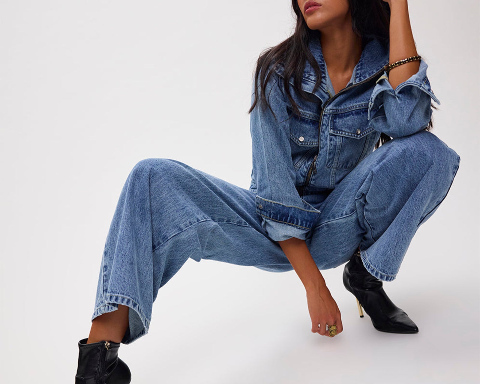 Charli Wide Leg Aviator Denim Jumpsuit - Pretty Blue