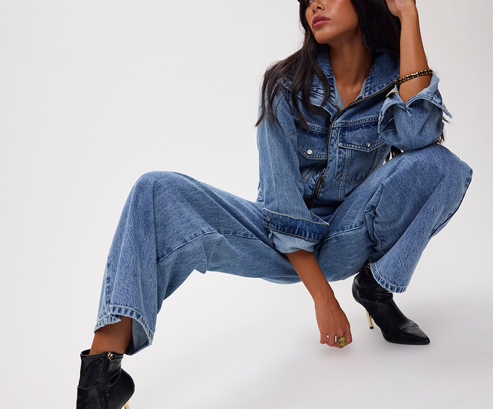 Charli Wide Leg Aviator Denim Jumpsuit - Pretty Blue
