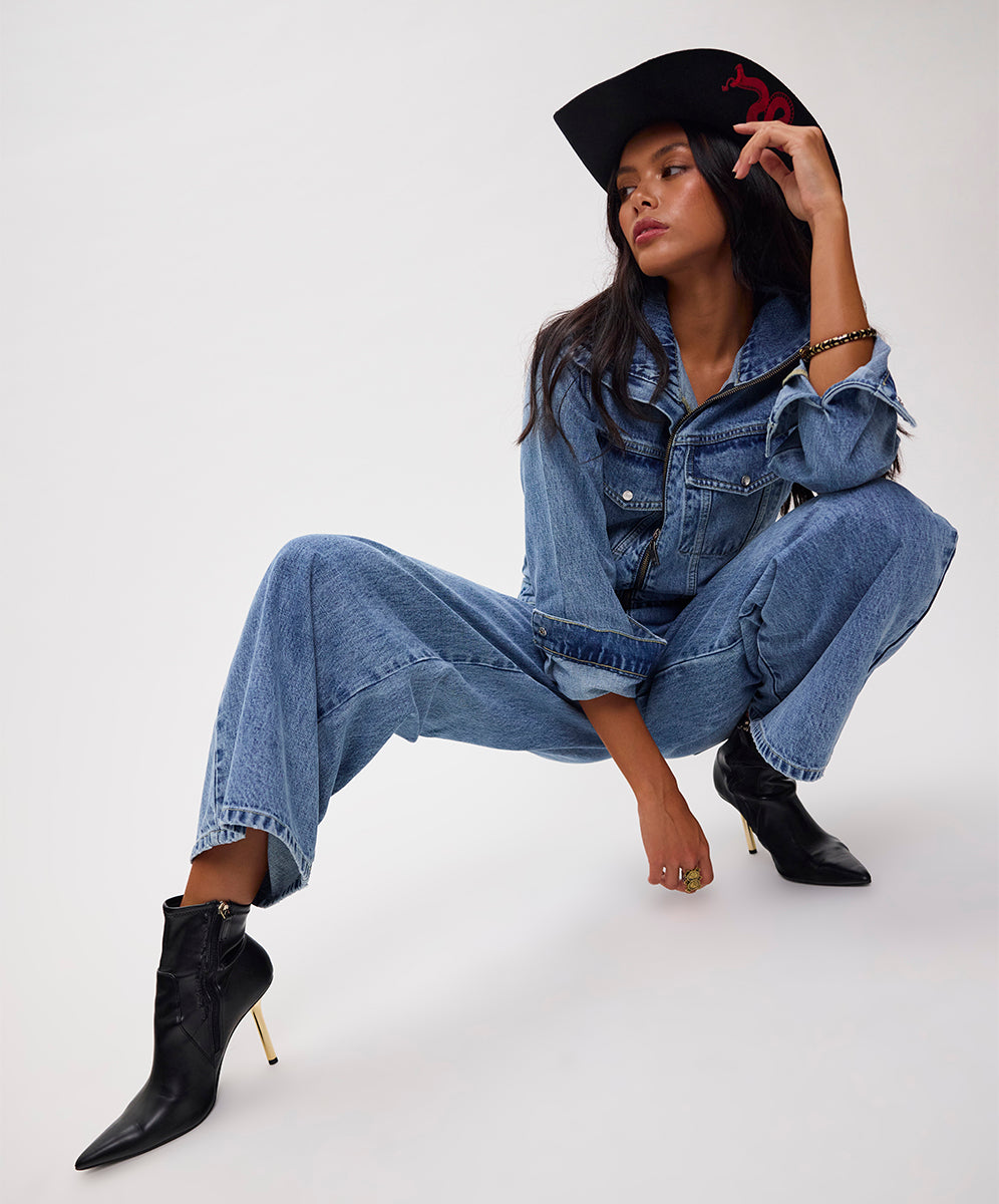 Products Charli Wide Leg Aviator Denim Jumpsuit - Pretty Blue