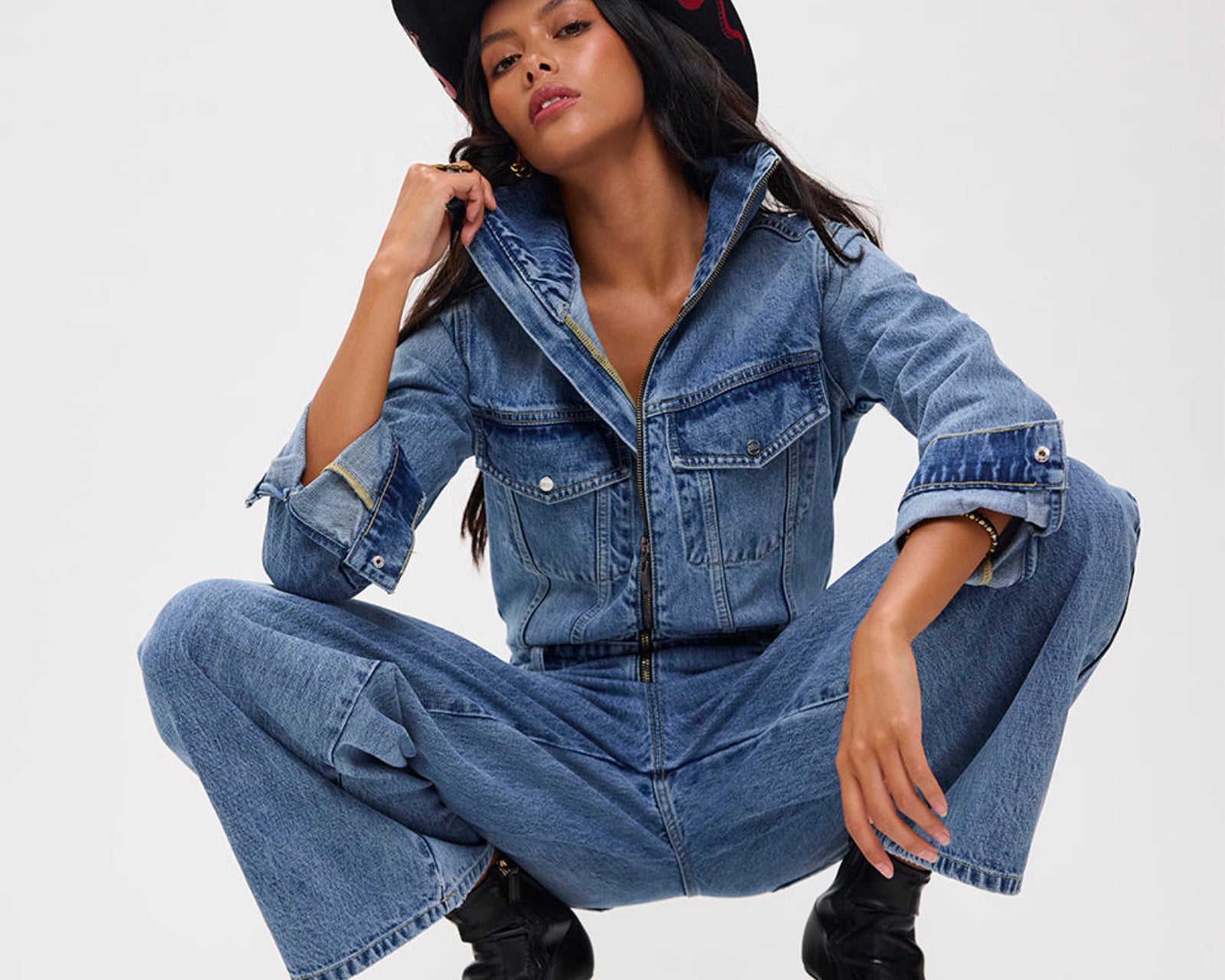 Charli Wide Leg Aviator Denim Jumpsuit - Pretty Blue