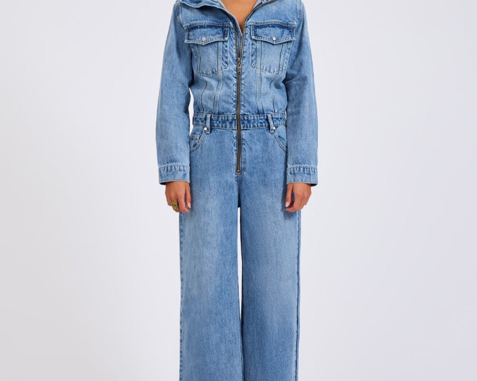 Charli Wide Leg Aviator Denim Jumpsuit - Pretty Blue