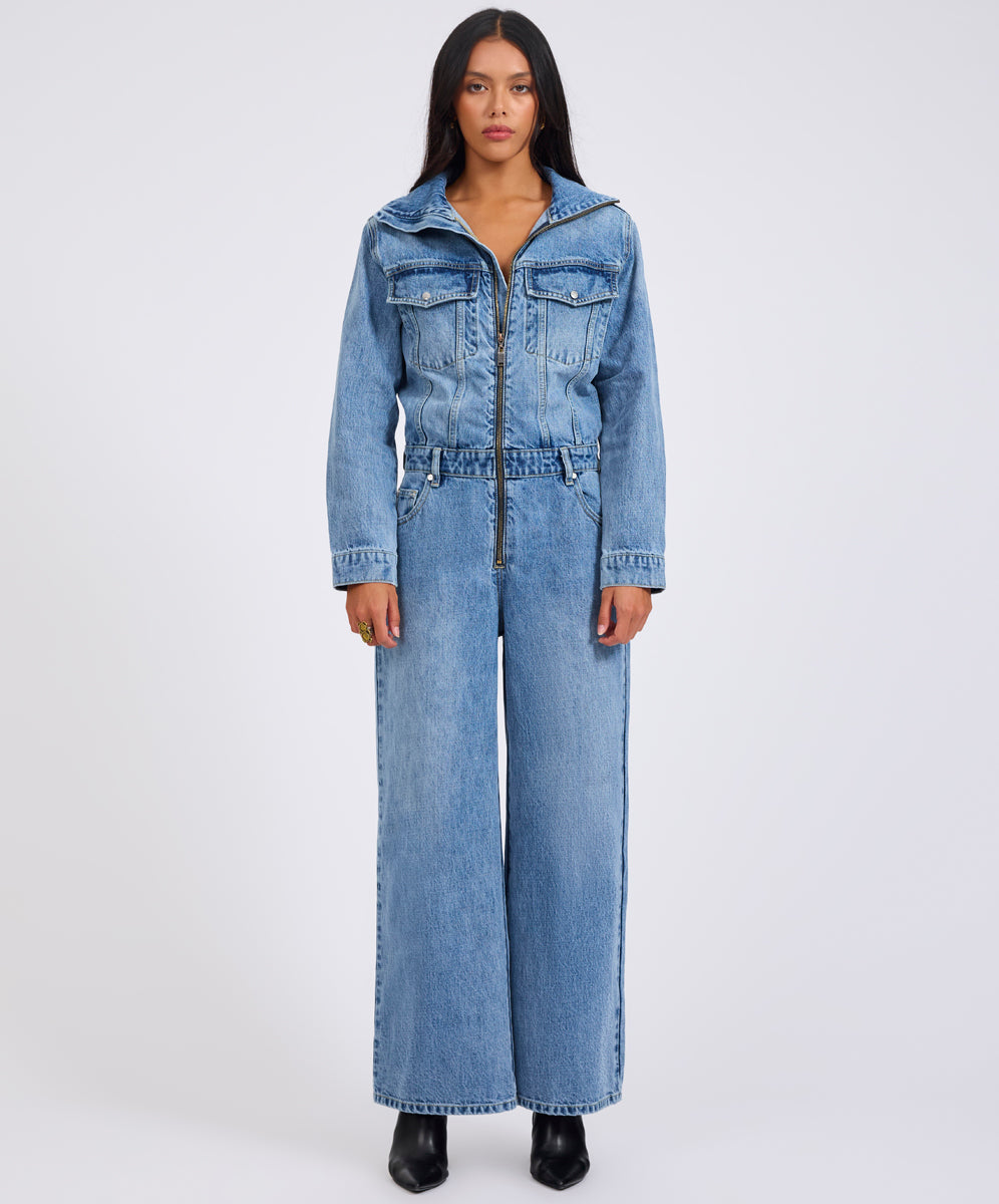 Products Charli Wide Leg Aviator Denim Jumpsuit - Pretty Blue