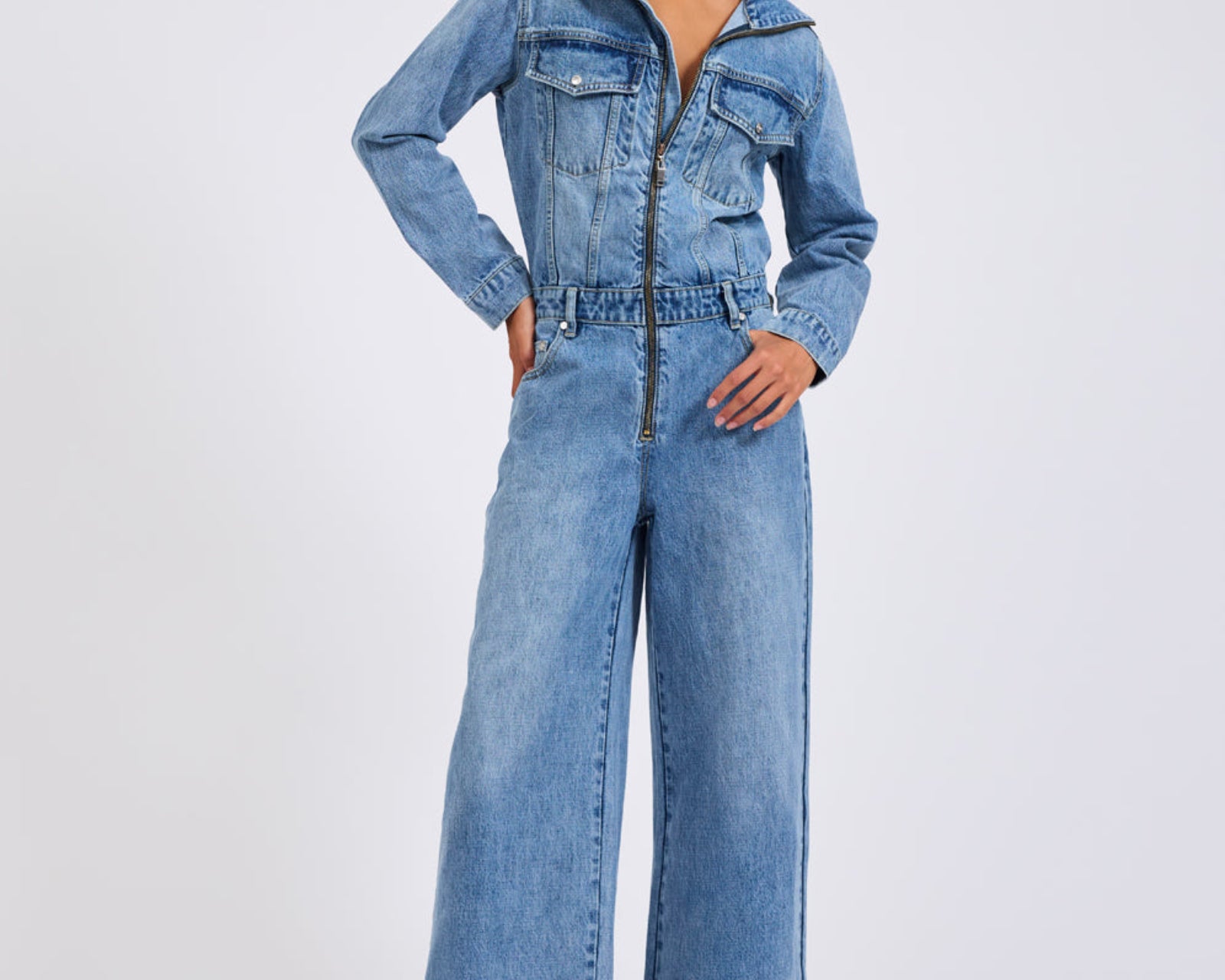 Charli Wide Leg Aviator Denim Jumpsuit - Pretty Blue