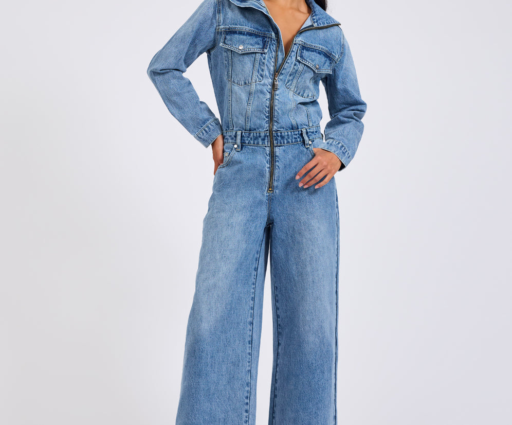 Charli Wide Leg Aviator Denim Jumpsuit - Pretty Blue