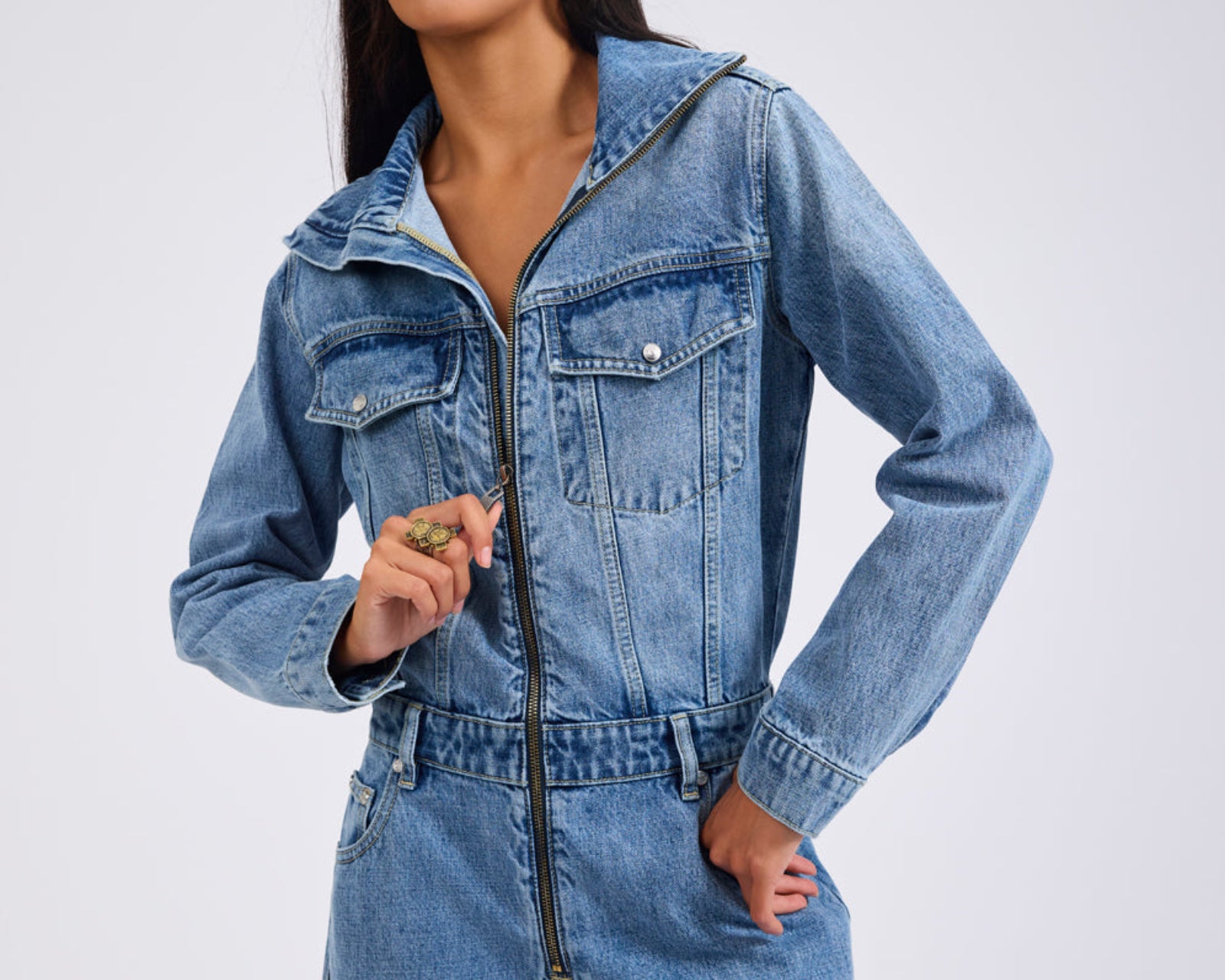 Charli Wide Leg Aviator Denim Jumpsuit - Pretty Blue