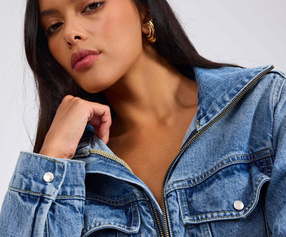 Charli Wide Leg Aviator Denim Jumpsuit - Pretty Blue