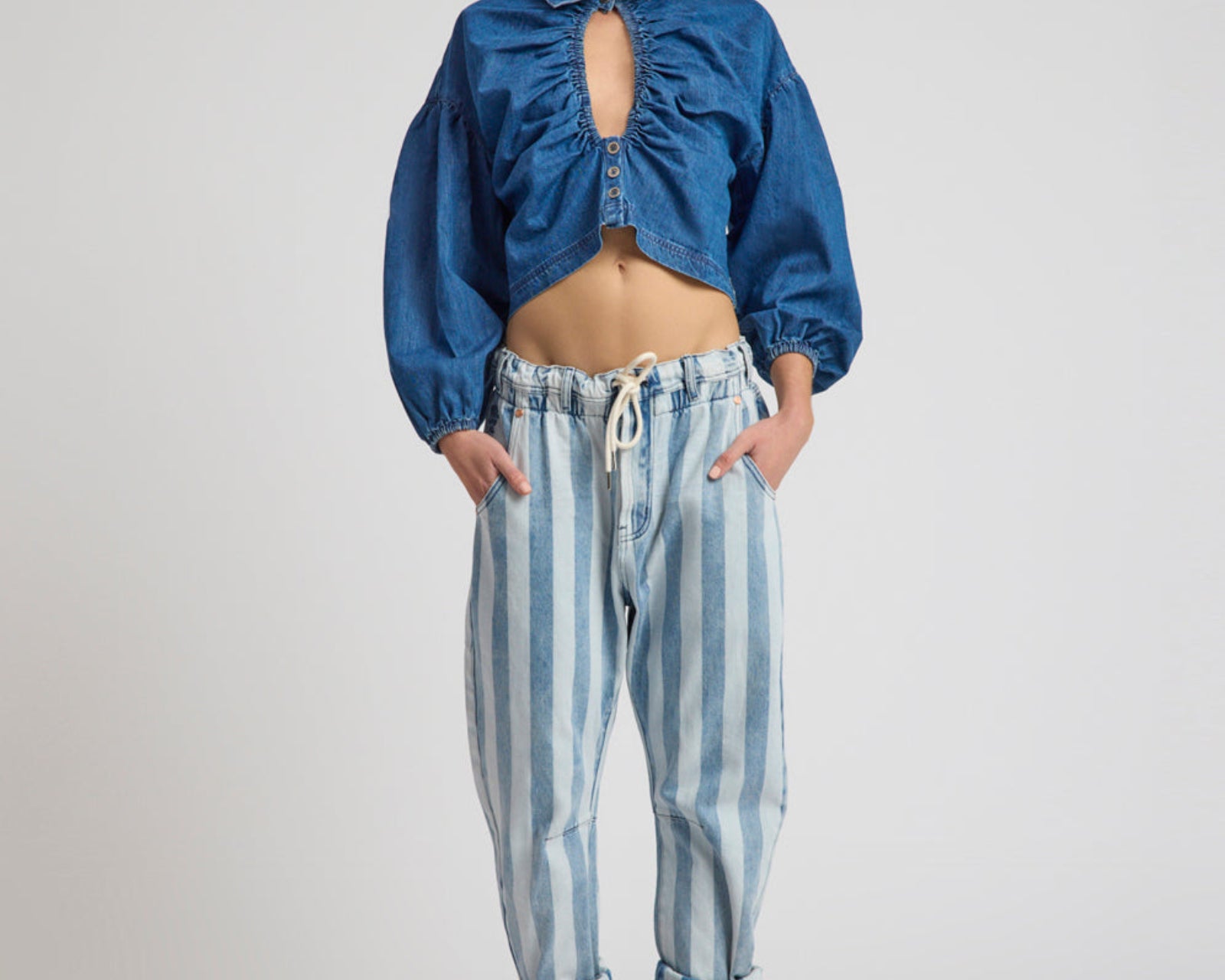 Outcasts Low Waist Drop Crotch Harem Denim Jeans - Beach Club Stripe