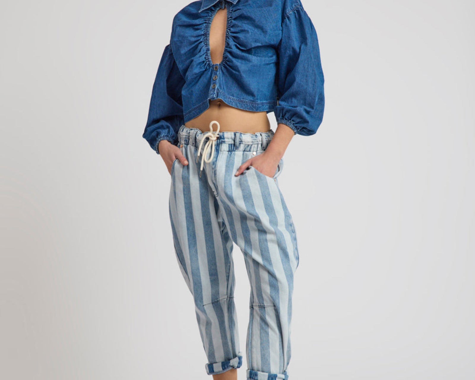 Outcasts Low Waist Drop Crotch Harem Denim Jeans - Beach Club Stripe