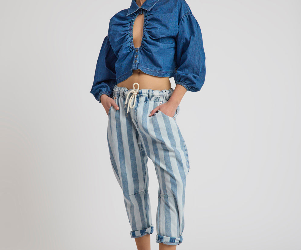 Outcasts Low Waist Drop Crotch Harem Denim Jeans - Beach Club Stripe