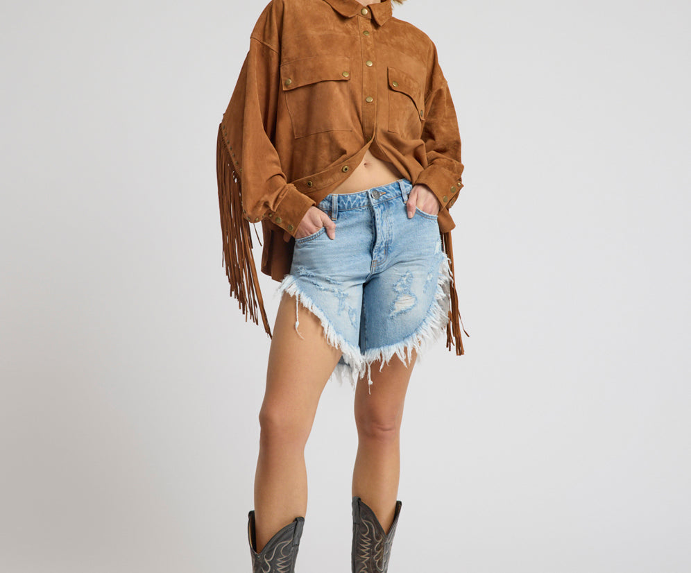 Frankies Low Waist Long Length Denim Shorts - Riviera Blue