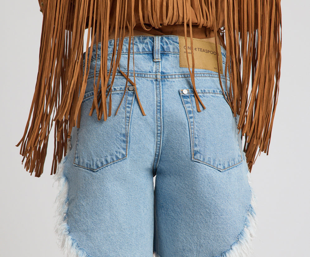 Frankies Low Waist Long Length Denim Shorts - Riviera Blue