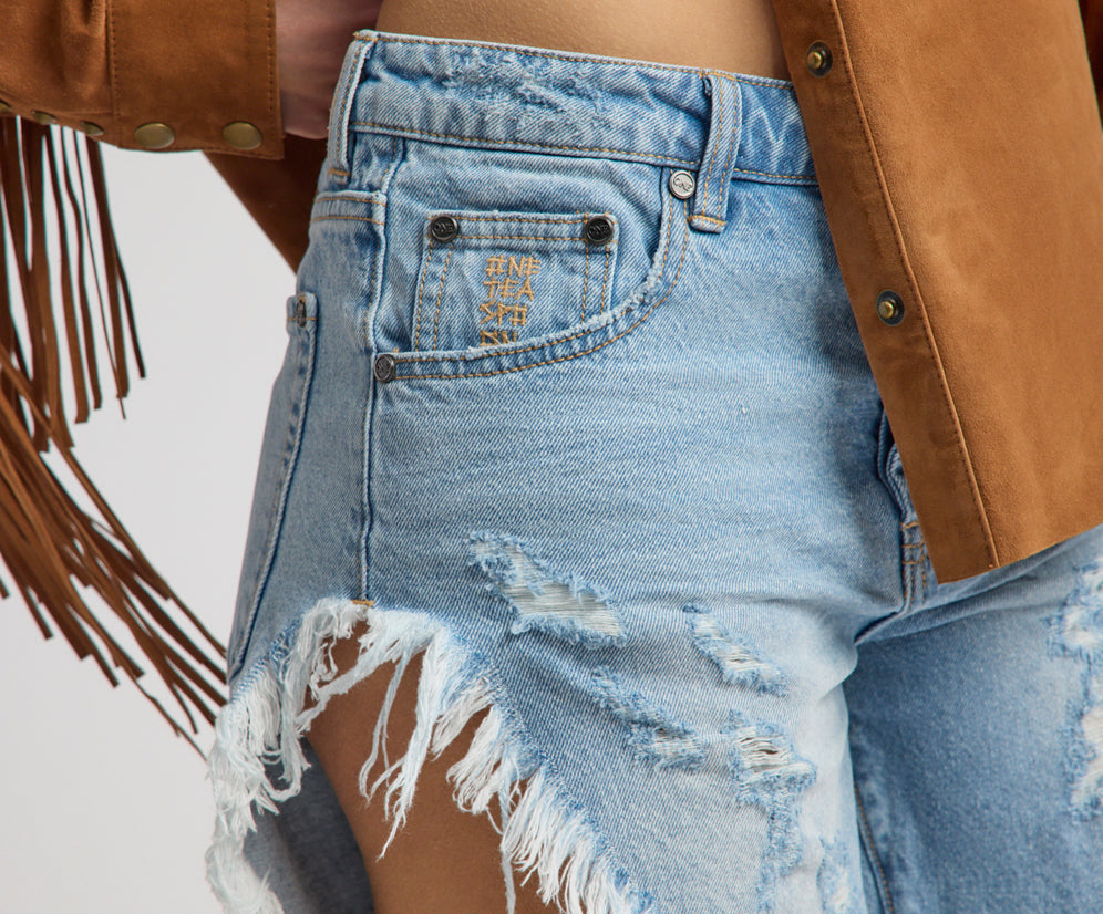 Frankies Low Waist Long Length Denim Shorts - Riviera Blue