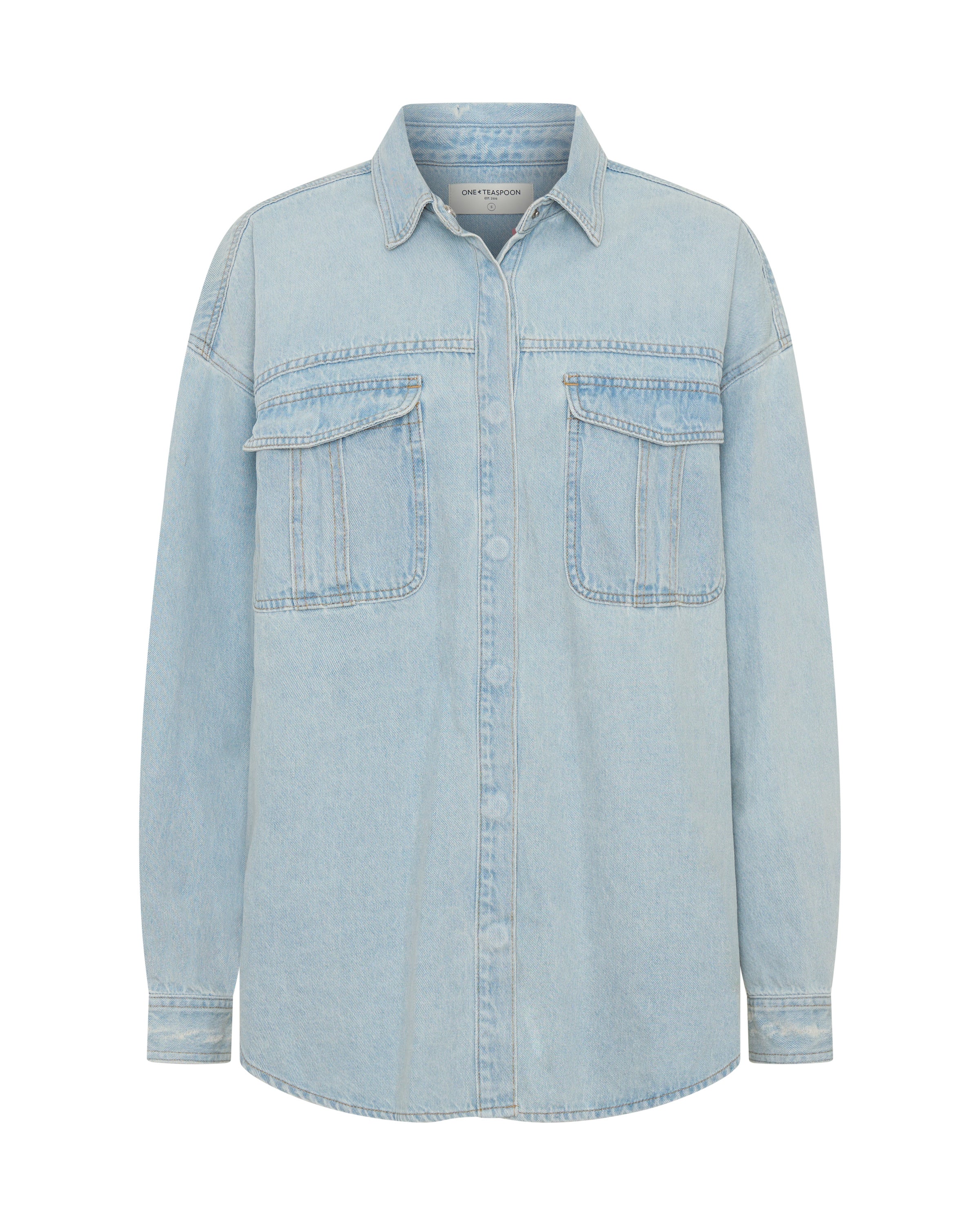 Daydream Heart Oversized Denim Shirt - Sea Mist Blue | One Teaspoon