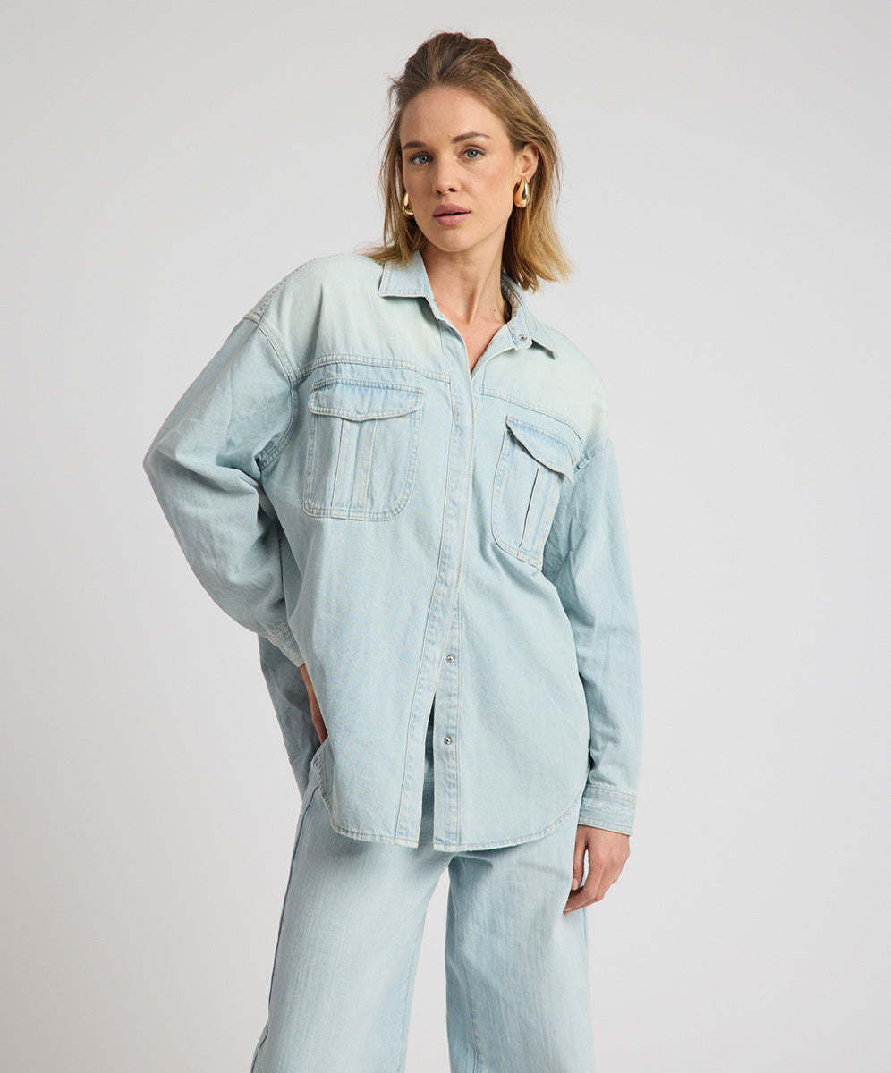 Daydream Heart Oversized Denim Shirt - Sea Mist Blue | One Teaspoon
