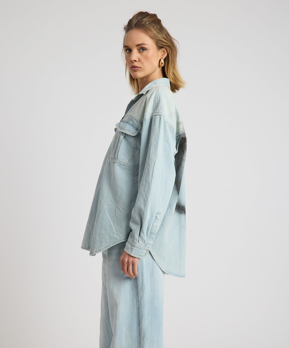 Daydream Heart Oversized Denim Shirt - Sea Mist Blue | One Teaspoon