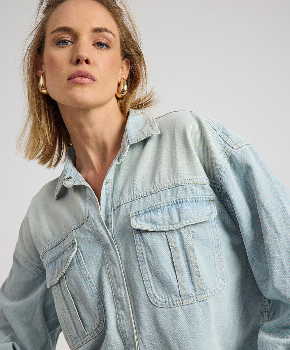 Daydream Heart Oversized Denim Shirt - Sea Mist Blue | One Teaspoon