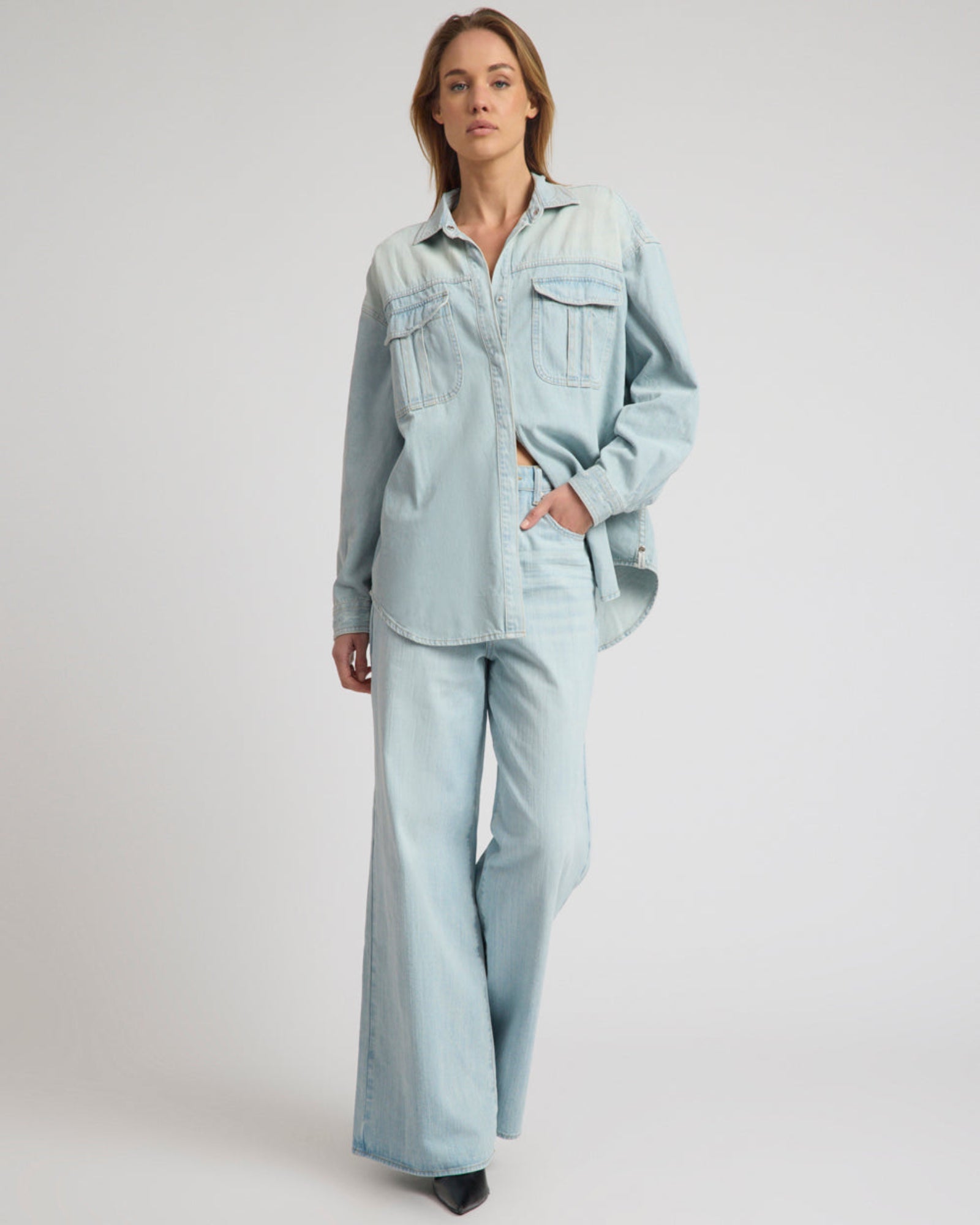 Daydream Oversized Denim Shirt - Sea Mist Blue | One Teaspoon