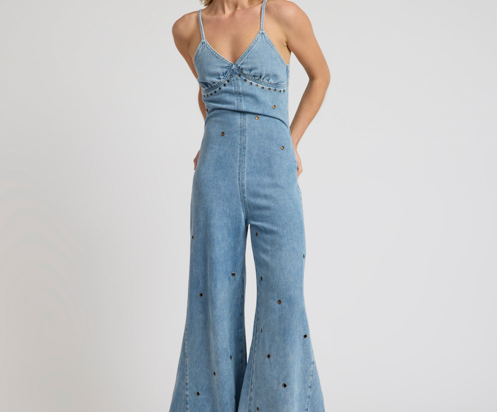 Brigitte Wide Leg Cami Denim Jumpsuit - Blue Rapture