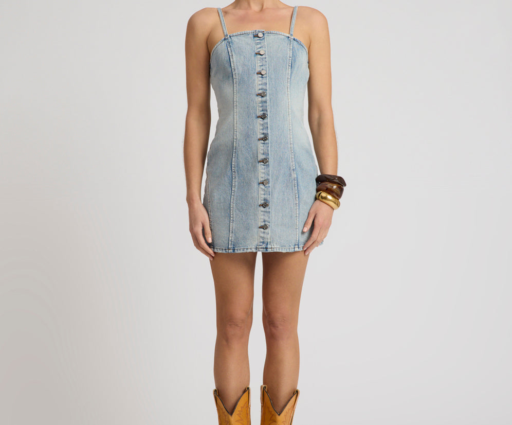 Riviera Fitted Strappy Mini Denim Dress - Hendrixe Blue