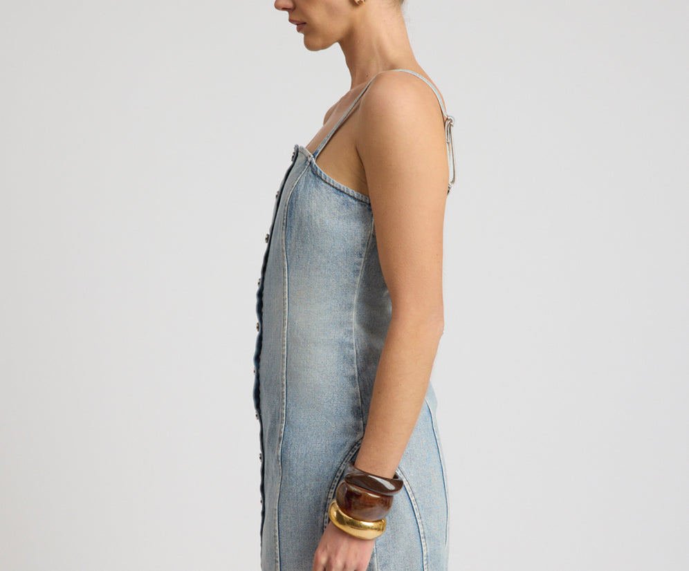 Riviera Fitted Strappy Mini Denim Dress - Hendrixe Blue