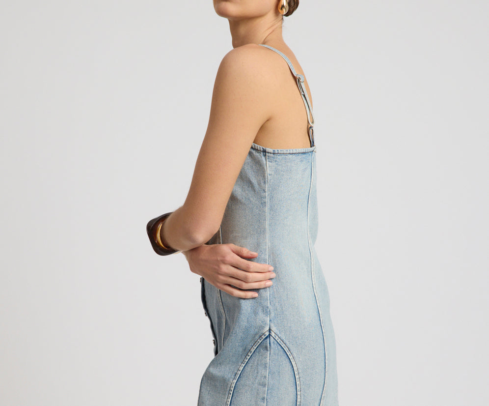 Riviera Fitted Strappy Mini Denim Dress - Hendrixe Blue