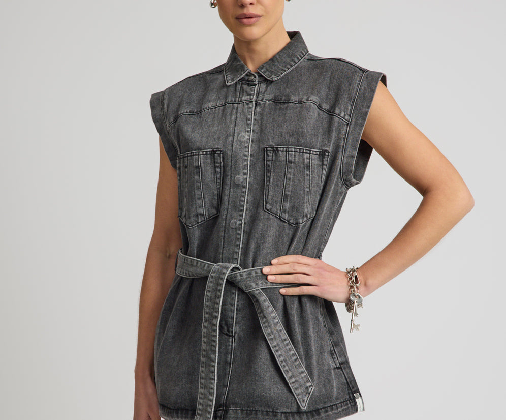 Rogue Aviator Mini Denim Dress - Washed Black