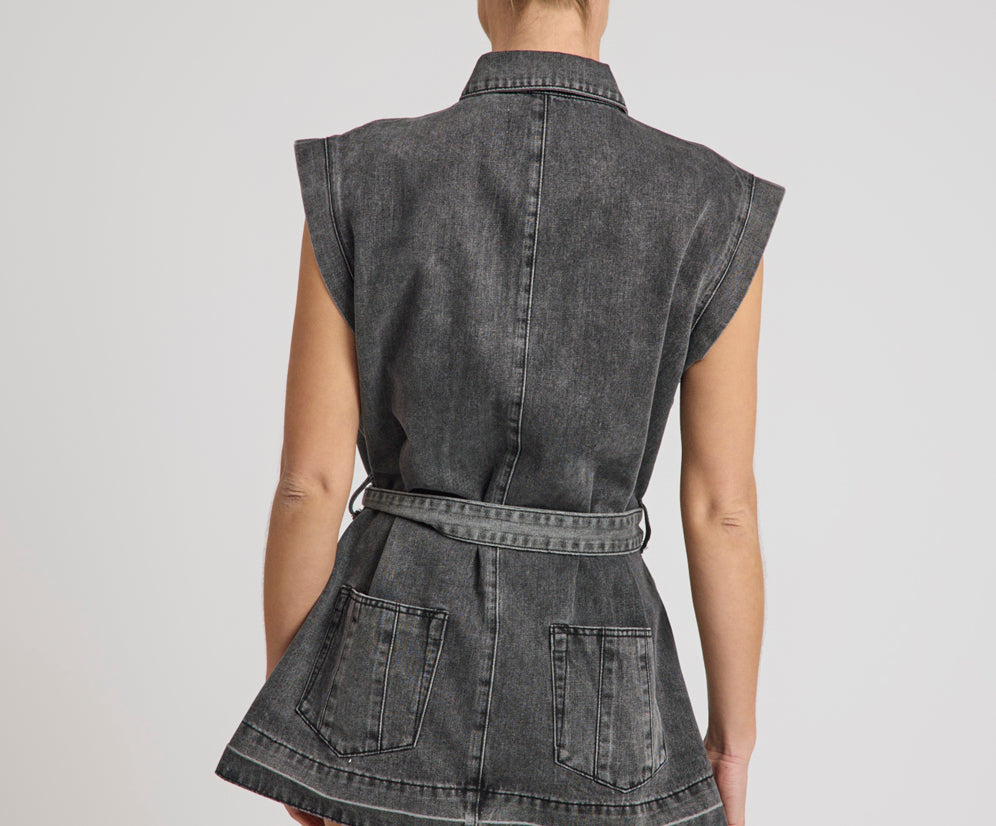 Rogue Aviator Mini Denim Dress - Washed Black