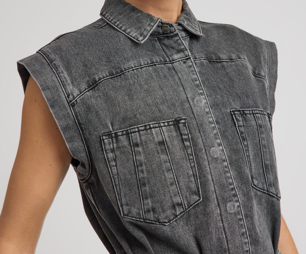 Rogue Aviator Mini Denim Dress - Washed Black