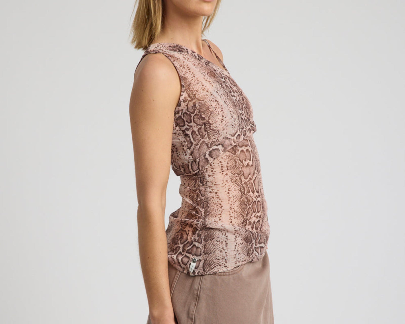 Spritz Sheer Chiffon One Shoulder Top - Cognac Snake