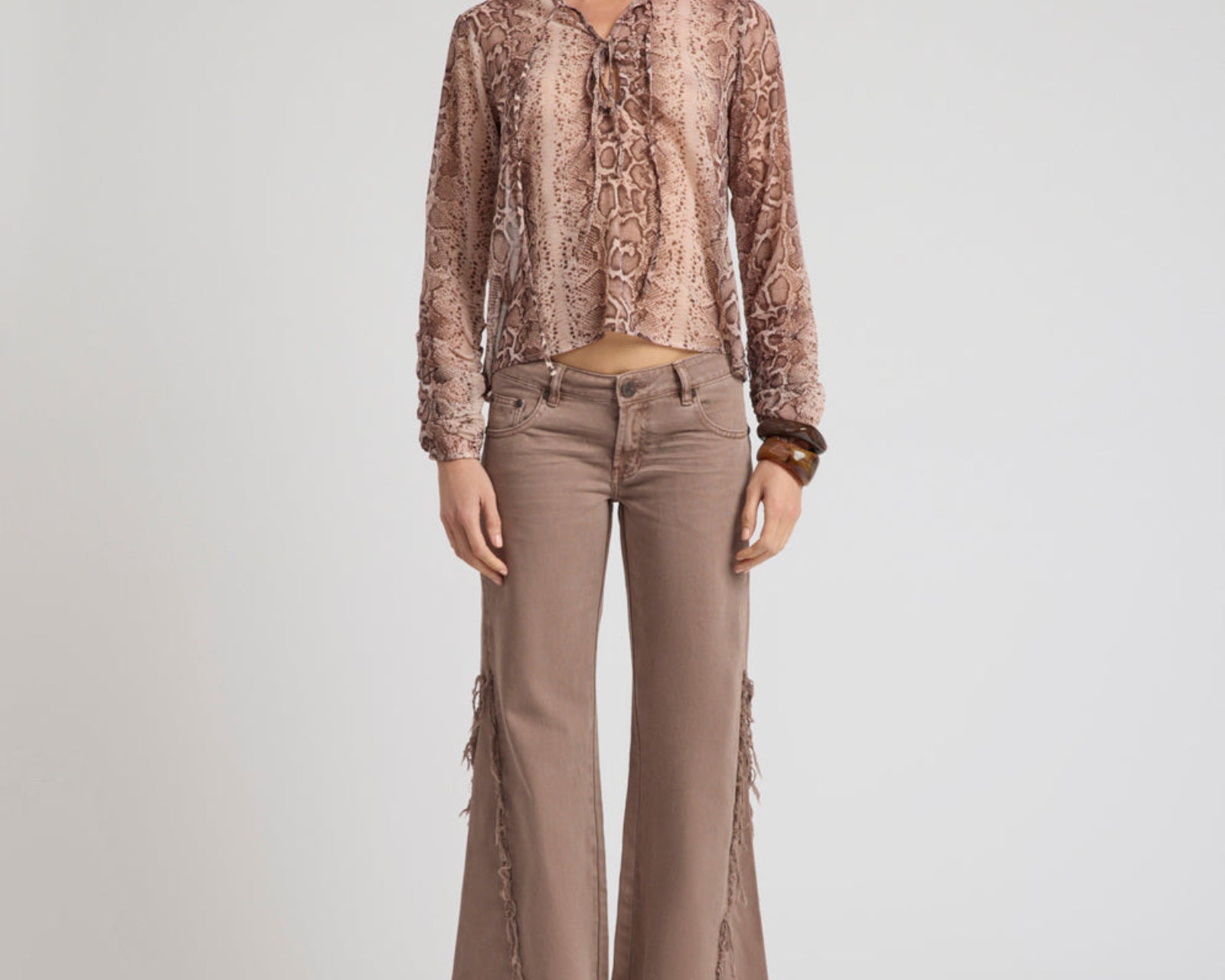 Brandy Sheer Chiffon Keyhole Long Sleeve Top - Cognac Snake