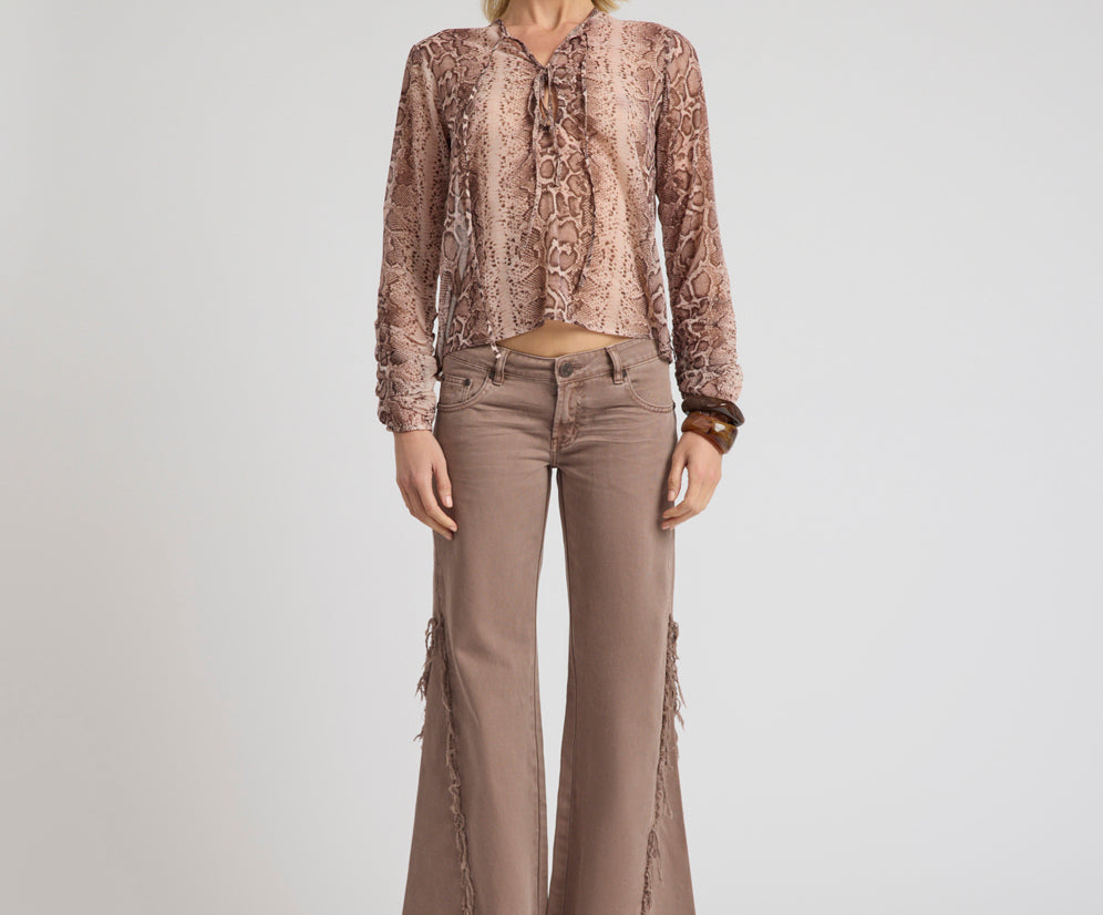 Brandy Sheer Chiffon Keyhole Long Sleeve Top - Cognac Snake
