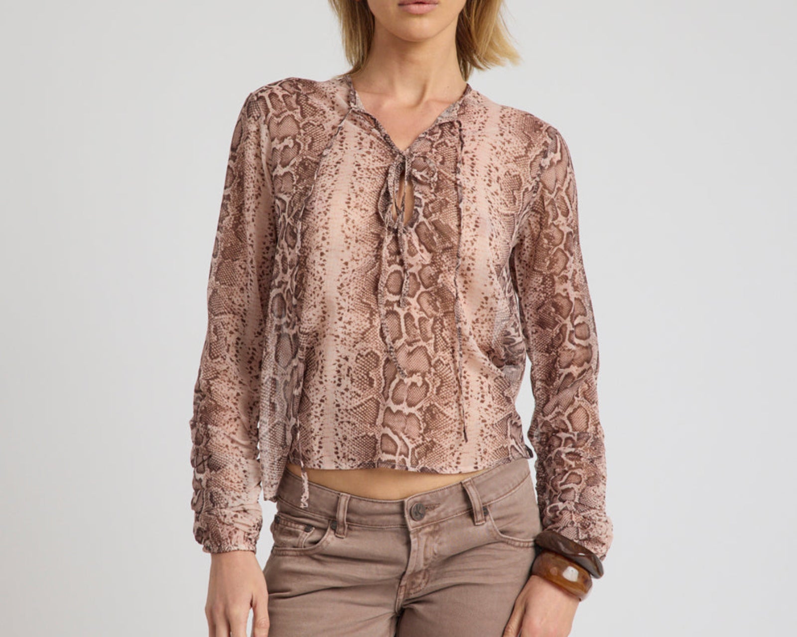 Brandy Sheer Chiffon Keyhole Long Sleeve Top - Cognac Snake