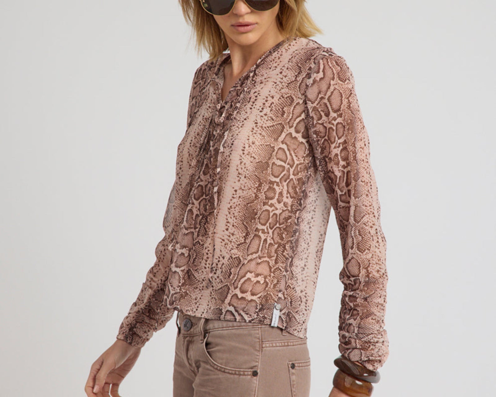 Brandy Sheer Chiffon Keyhole Long Sleeve Top - Cognac Snake