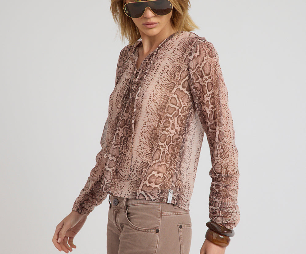 Brandy Sheer Chiffon Keyhole Long Sleeve Top - Cognac Snake