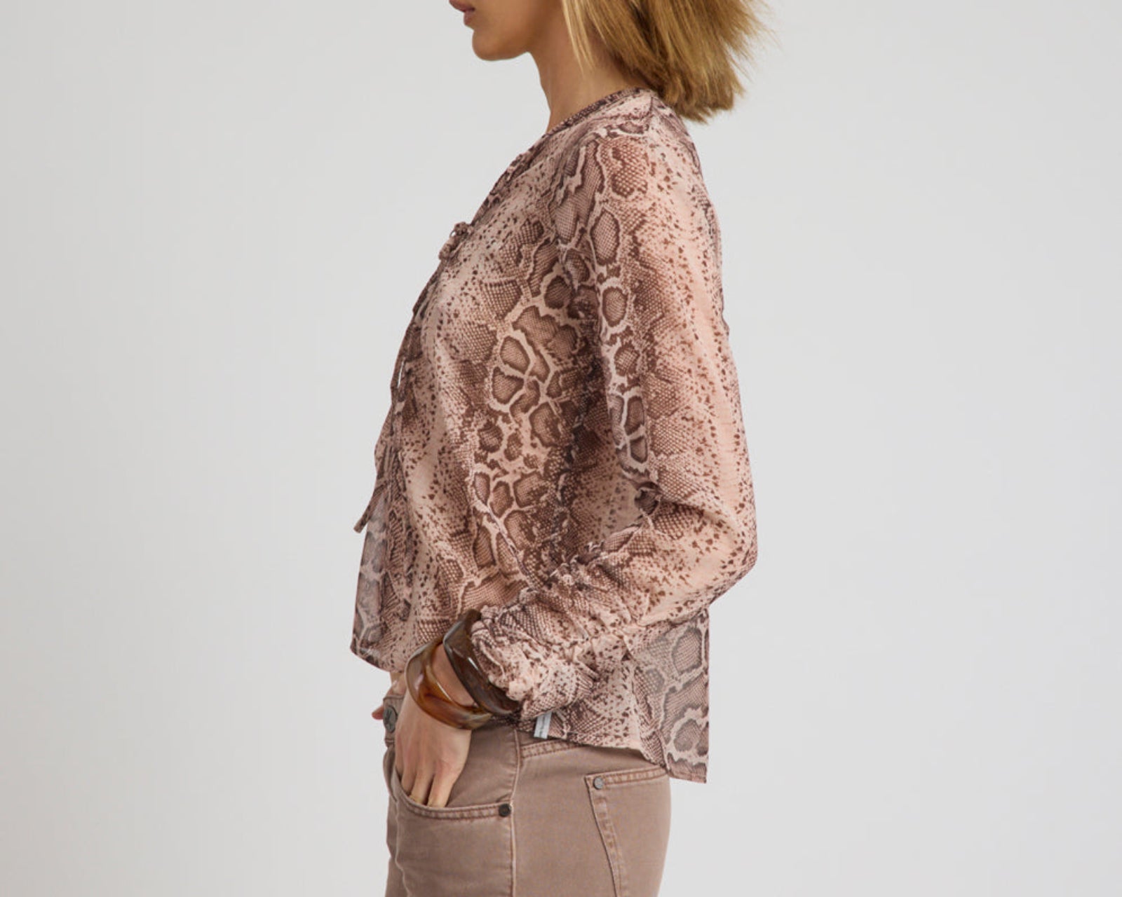 Brandy Sheer Chiffon Keyhole Long Sleeve Top - Cognac Snake