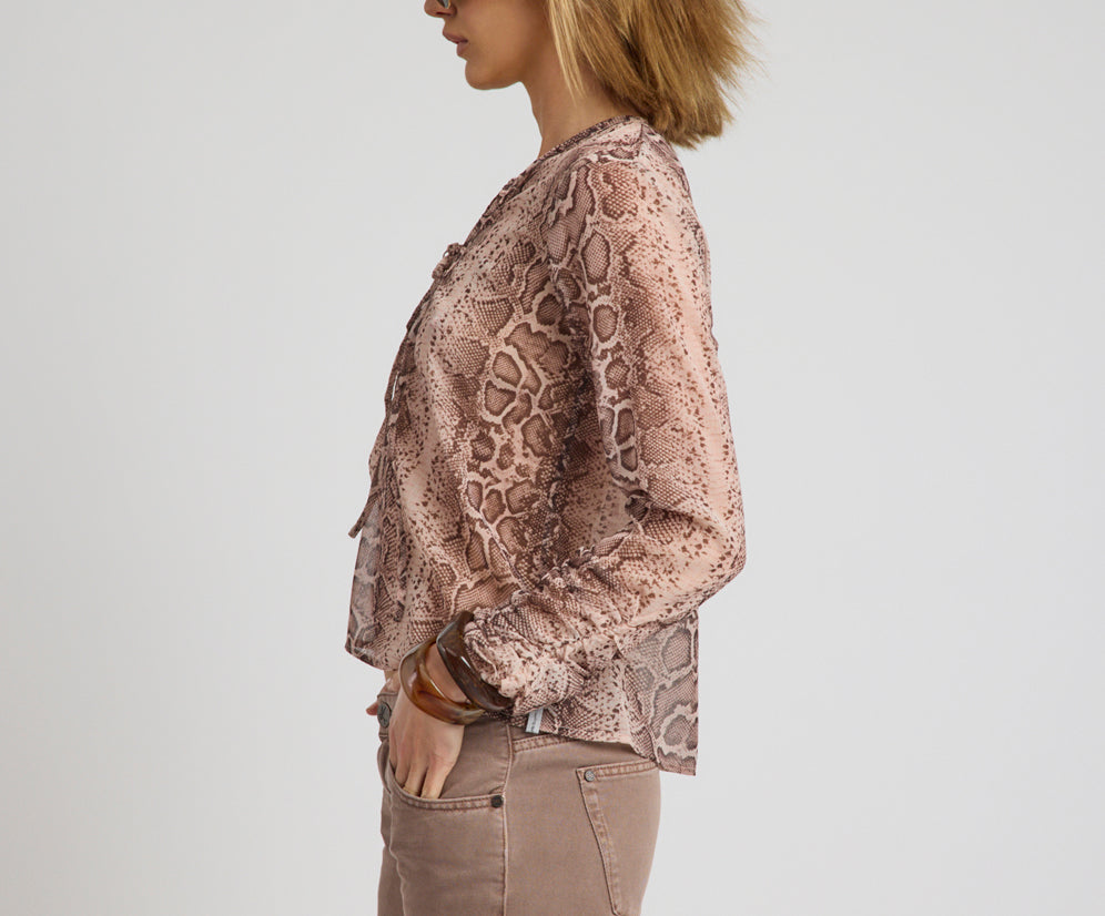 Brandy Sheer Chiffon Keyhole Long Sleeve Top - Cognac Snake