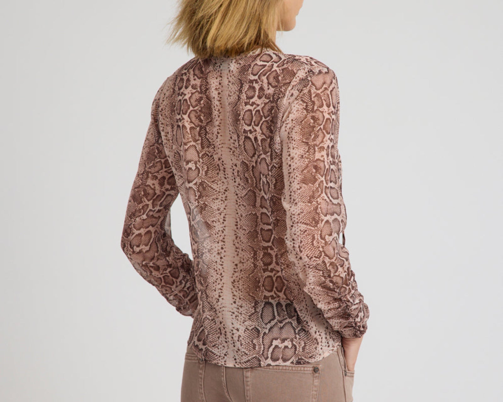Brandy Sheer Chiffon Keyhole Long Sleeve Top - Cognac Snake